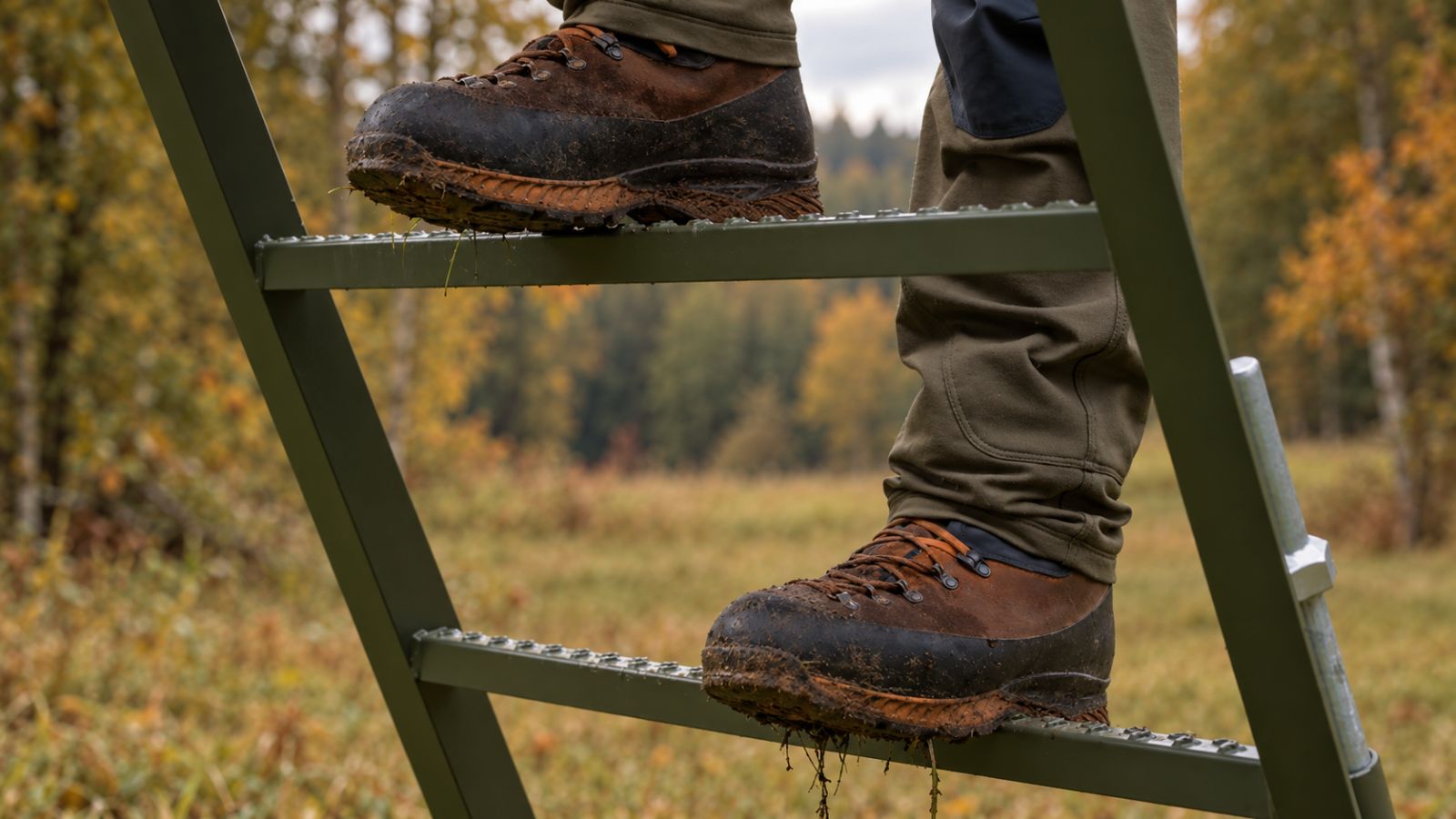 Jagdstiefel auf den gelochten Trittstufen des Aufstiegs