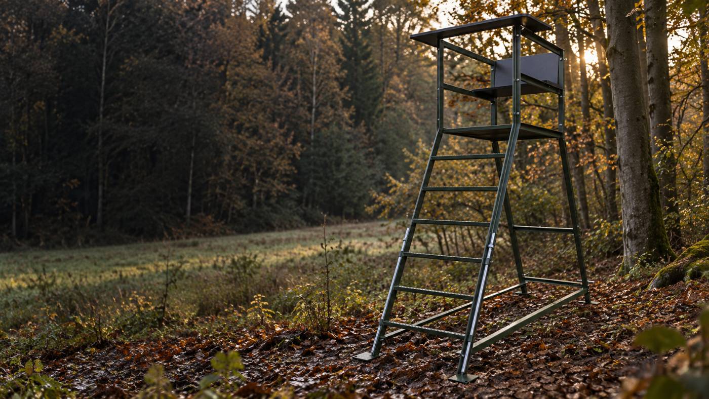 Drückjagdbock am Waldrand auf Laubboden im Abendlicht
